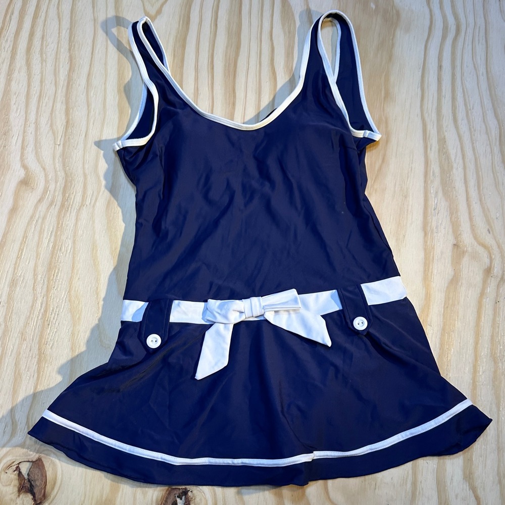A.C.T. Womens Navy Blue Nautical Skirted Swimdress Bow Accent Size 10